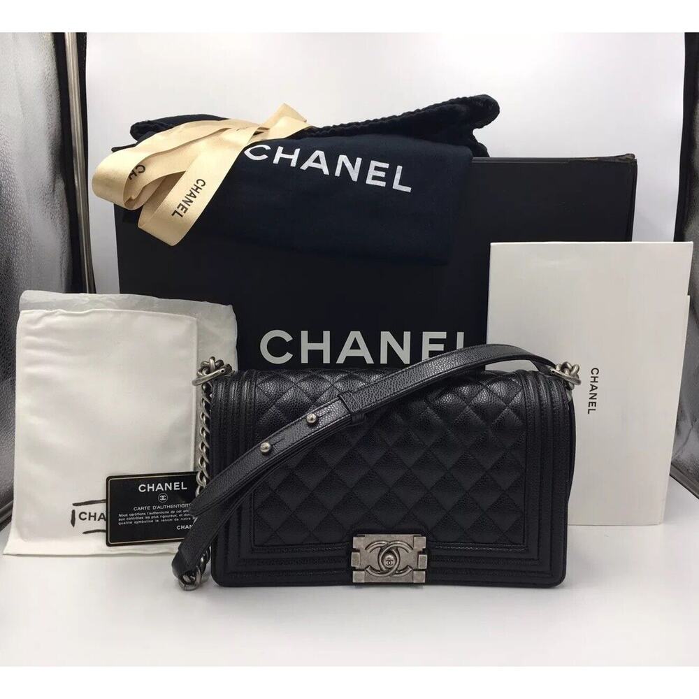 Chanel Le Boy Bag Old Medium Black Caviar Leather Ruthenium Hardware Flap Chain